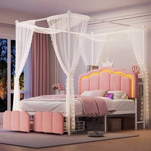 Full Velvet Upholstered LED Canopy Bed Frame with 2 Storage Drawers and Charging Station, Crown Headboard with Bookshelf, Two-Use Princess Platform Bed with 4 Removable Posts,Metal Slats Support-Pink Jocoevol