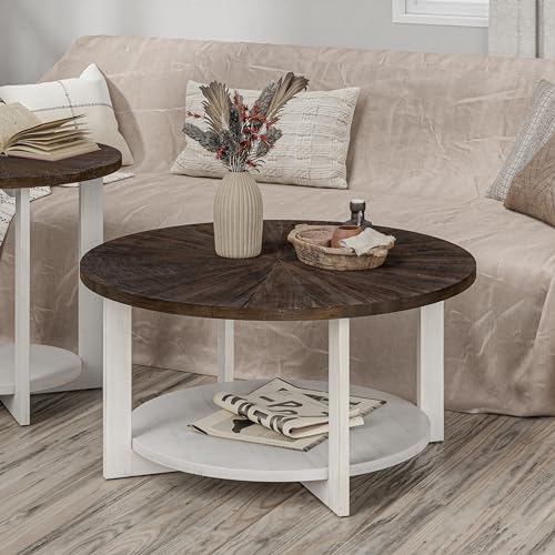 COZAYH Round Wood Coffee Tables with Storage, Rustic Farmhouse Coffee Table with Distressed Wood Top, Large Circle Table for Living Room, Brown, 32Dx32Wx19.5H in COZAYH