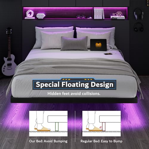 iPormis Full Size Floating Bed Frame with Charging Station and Led Light, Platform Metal Bed Frame with Heavy Duty Steel Slats Support, No Box Spring Needed, Noise-Free, Easy Assembly, Black iPormis