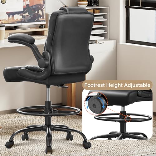 500 lbs Drafting Chair Tall Office Chair with Flip-up Armrests for Standing Desk Executive Ergonomic Computer Leather Desk Chair with Lumbar Support, Adjustable Foot Ring for Home or Drawing Use BOSMILLER