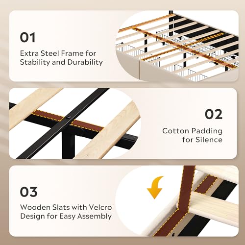 WLIVE Queen Size Upholstered Bed Frame with 4 Storage Drawers and Headboard, Velvet Platform Bedframe, Sturdy Metal & Wooden Slats Support, No Box Spring Needed, Easy Assembly, Beige WLIVE