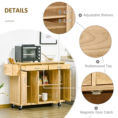 HOMCOM Kitchen Island on Wheels, Natural Hardwood Kitchen Cart with Drawers, Storage Cabinets, and Tool Caddy, Microwave Cart for Dining Room, 54 Inches Wide HOMCOM
