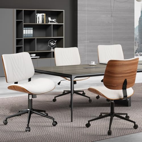 CLATINA Armless Home Office Chair, Desk Chair with Wheels, Adjustable Height Reading Chair, Leather Mid Back & Swivel Computer Chair, Modern Walnut Chairs with Back for Studio Meeting Room(White) CLATINA