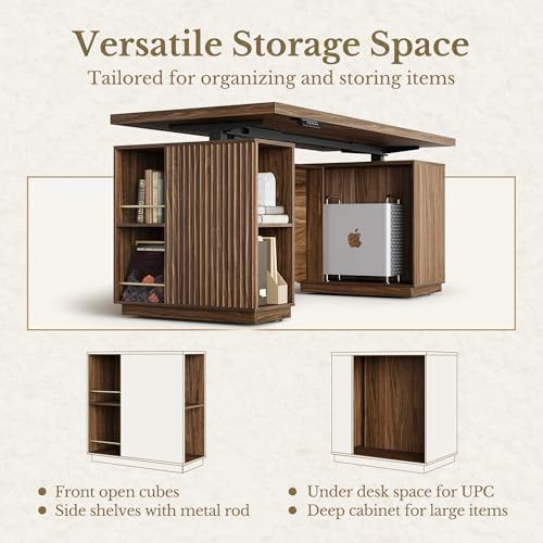 Perledesign 70" Standing Desk with Storage, Executive Electric Height Adjustable Stand Up Desk with AC/USB, Privacy Panel, Large One-Piece Destop, Fluted Computer Desk, Black Walnut Perledesign