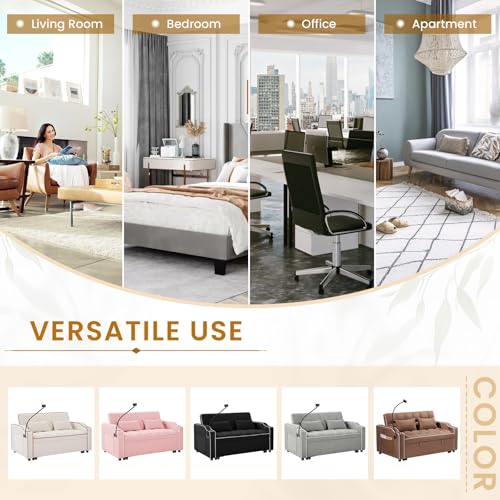 Sleeper Sofa Couch Bed with Phone Holder, Modern 3-in-1 Convertible Velvet Pull Out Loveseat Futon Sofa with USB & Type C Port & Cup Holder for Living Room Bedroom Office KINFFICT