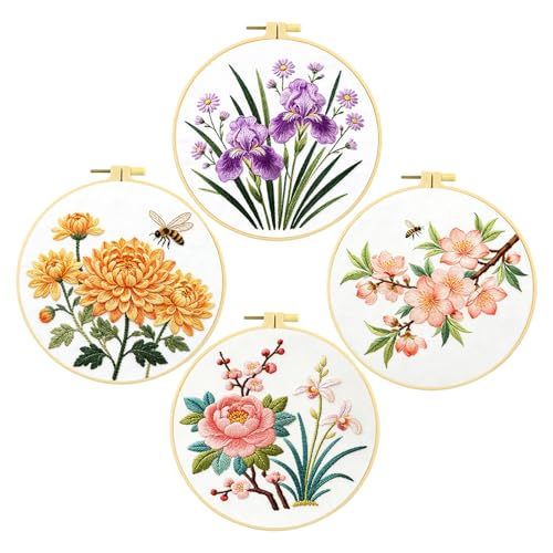 Zhenqing 4 Pack Floral Embroidery Kit, Iris Chrysanthemum Peach Blossom Peony Set with Bees, Beginner Craft Set with 20cm Hoop, Printed Designs on 29x29cm Cotton Fabric, DIY Nature Wall Art (JC0208)