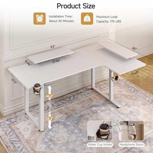 L Shaped Electric Standing Desk, 63x43'' Computer Desks with 2 Monitor Shelves, Dual Motor and Memory Controller, Gaming Corner Desk Adjustable Height from 28-46'' for Home Office Workstation, White ONBRILL