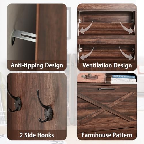 Joaxswe Shoe Storage Cabinet with 2 Flip Drawers, Farmhouse Shoes Organizer for Entryway, Narrow Hidden Shoe Rack with Legs & Open Storage, Freestanding Shoe Closet for Foyer, Hallway, Brown Walnut Joaxswe