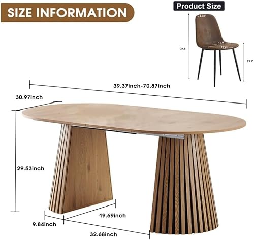 39"-71"Extendable Dining Table Set for 6, Oval Wood Dining Room Table Set with Fluted Pedestal Base & Soft Suede Chairs, Mid-Century Modern Extendable Kitchen Table Set for 6 for Home, Space-Saving Rejeke