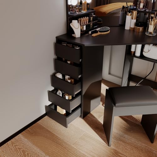 MilleLoom Corner Vanity Desk with Mirror and Led Lights - Makeup Table with 5 Drawers, Shelves, and Vanity Stool - Perfect for Bedroom or Bathroom, Black MilleLoom