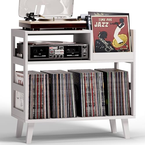 Uoders Record Player Stand with Vinyl Storage, Mid-Century Modern Turntable Stand Holds 150+ Albums, Record Player Table with Metal Dividers, Wood Media Console for Living Room (White, Single-Sided Small) UODERS