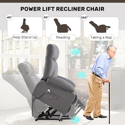 jonpony Power Lift Recliner Chair for Elderly, Big and Tall Lift Chair with Massage and Heat for Living Room, Fabric Electric Recliner Chairs with 4 Side Pockets, USB Charge Port,Grey
