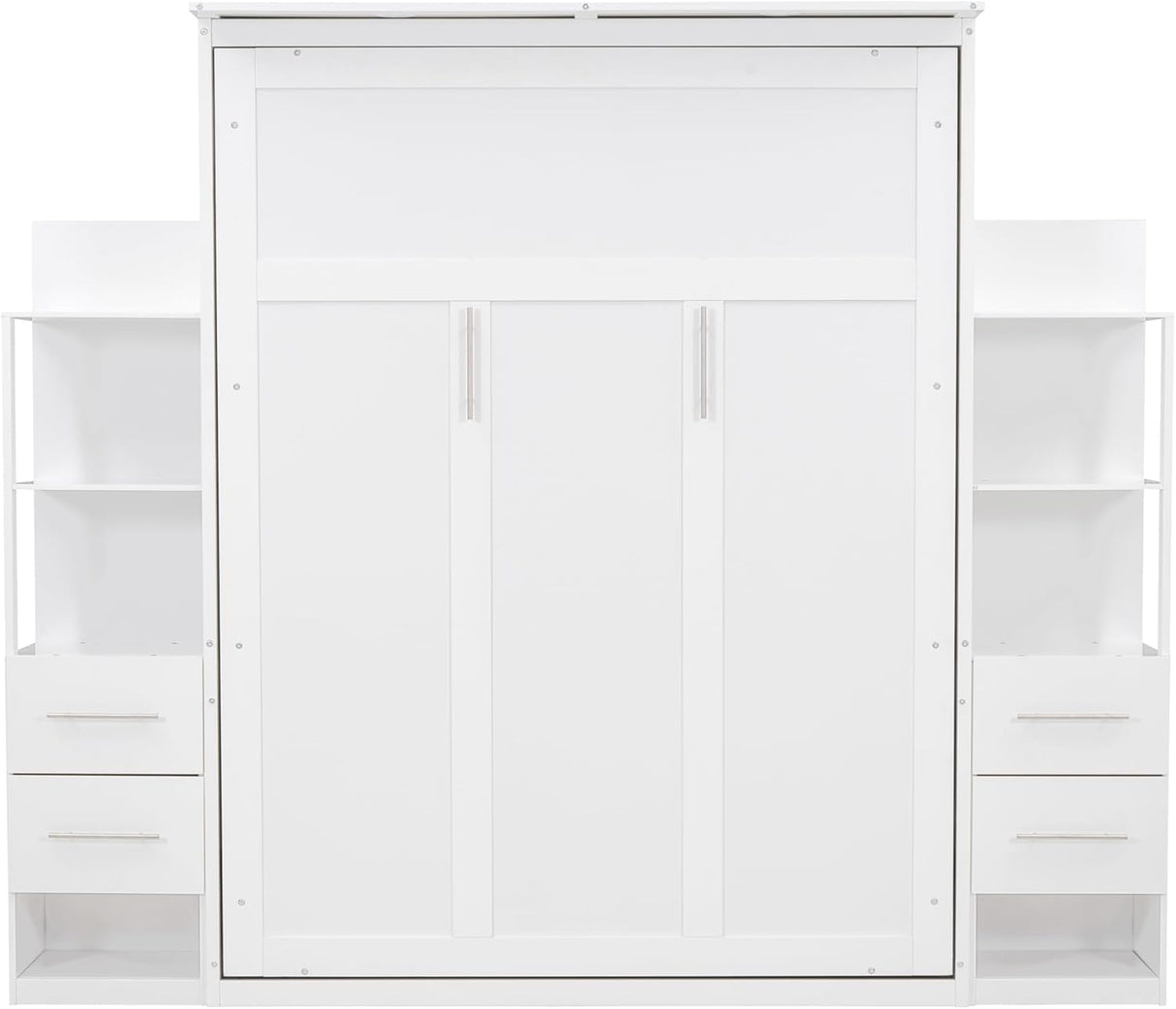 MERITLINE Queen Murphy Bed with Storage Drawers,LED Lights and Shelves,Wood Murphy Wall Bed Cabinet for Adults (White) MERITLINE