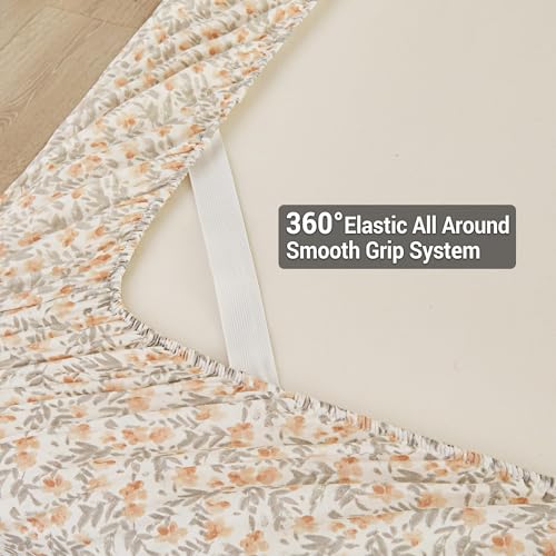 Viviland Floral Full Sheet Set - 4 Piece Vintage Light Orange Flower Patterned Bed Sheets - Soft, Breathable Microfiber Sheets with Deep Pocket, Non-Slip Fitted Sheets & Pillowcases Viviland