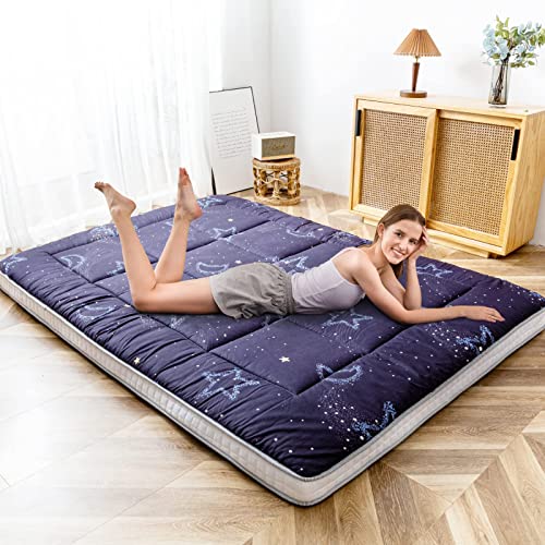 MAXYOYO Japanese Moon and Star Full Size Futon Mattress, Blue, Plush, 54"W x 80"L x 4"H, Foldable, Breathable, Reinforced Support, Moon and Star Pattern, Bedroom, Floor, Guest Room, Tent, Teepee MAXYOYO