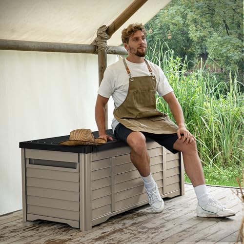 YITAHOME 120 Gallon Large Outdoor Storage Deck Box, Waterproof Cushion Storage Bench with Lockable Lid for Patio, Pool Supplies, Garden Tools, Resin, Black & Brown YITAHOME