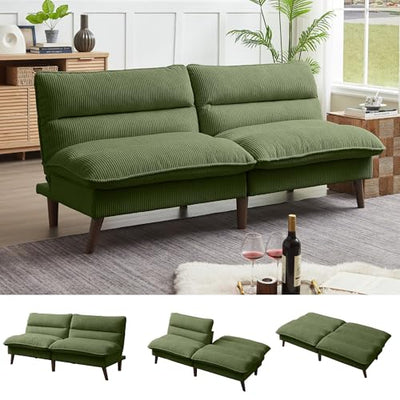Enobala Convertible Futon Sofa Bed, Modern Folding Futon Couch with 3-Level Adjustable Backrest, Sleeper Loveseat Sofa Recliner Couch for Living Room Apartment, Green