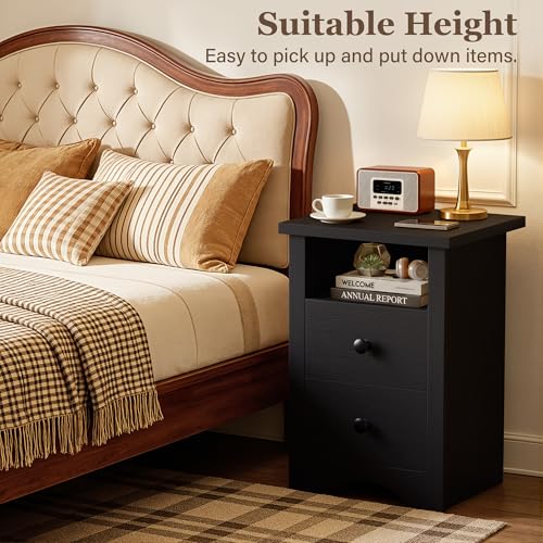 YESHOMY Nightstand Set of 2, Farmhouse Night Stand with 2 Storage Drawers and Open Shelf, Bedside Tables for Bedroom Small Space, Black YESHOMY