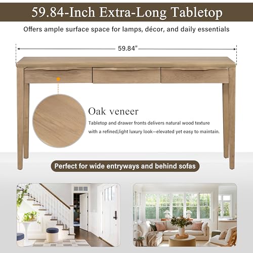 Merax 59.84'' Elegant Console Table with Oak Veneer,Light Luxury Entryway Table with 3 Drawers,Farmhouse Sofa Table with Soft-Corner Design,Suitable for Living Room, Foyer and Hallway, Natural Merax