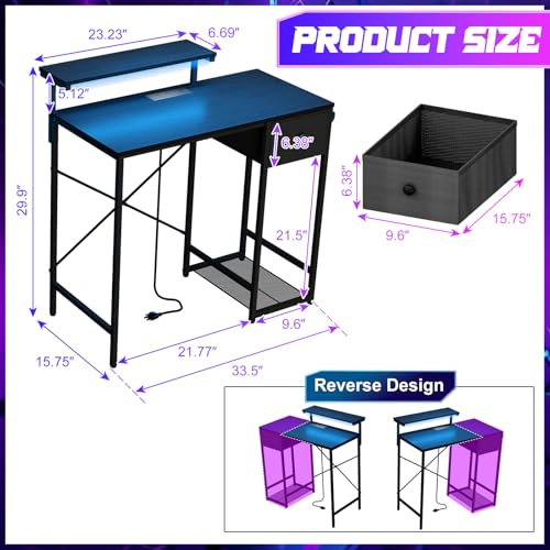 X-cosrack 33.5" Small Gaming Desk with LED Lights & Power Outlets, Compact Computer Desk with Monitor Stand & CPU Stand, Gamer Table with Storage Drawer, Side Hooks for Home Office, Bedroom, Black X-cosrack
