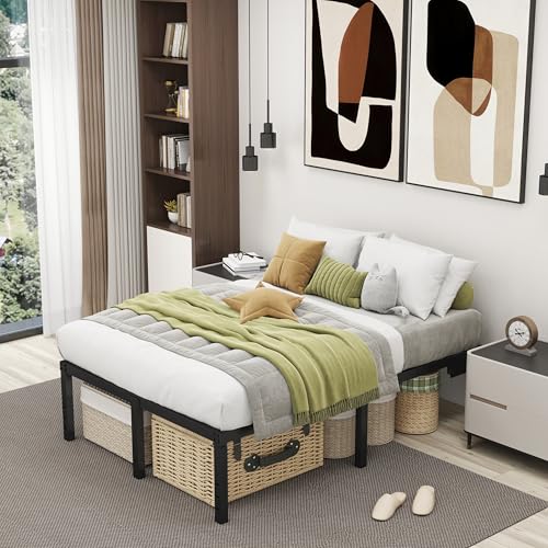HusDream King Size Bed Frame King Platform Bed Frame with LED Lights 14 Inch Tall Mattress Base No Box Spring Needed Modern Beds with Charger Station,Anti-Sliding,Noisy Free (14 Inch, King) HusDream