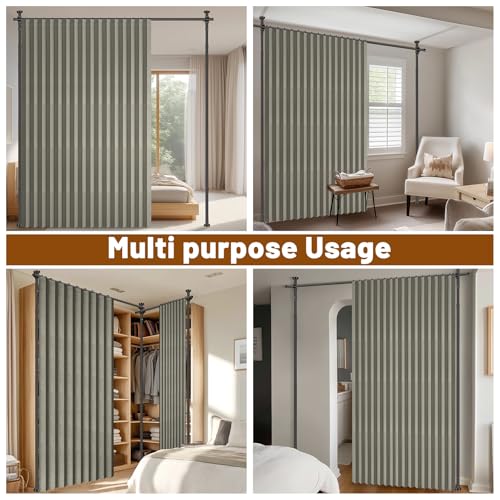 AJAZZ Privacy Curtains for Room Divider with Blackout & Soundproof (Grey, W100 x L84 in, 1 Panel)+ No Drill Curtain Rods(H) 43-120×(W) 35-100 in, Wall Divider for Bedroom/Studio/Office Curtain AJAZZ