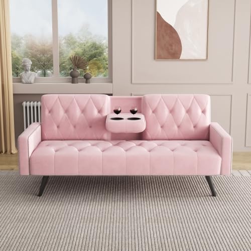 72" Pink Velvet Futon Couch Living Room Couch Bed Convertible Sleeper Sofa Bed with Cup Holder for Bedroom Guest Bed 2 Seater Reclining Sofas Couches with Nailhead Trim for Small Space (Pink) anwickjeff