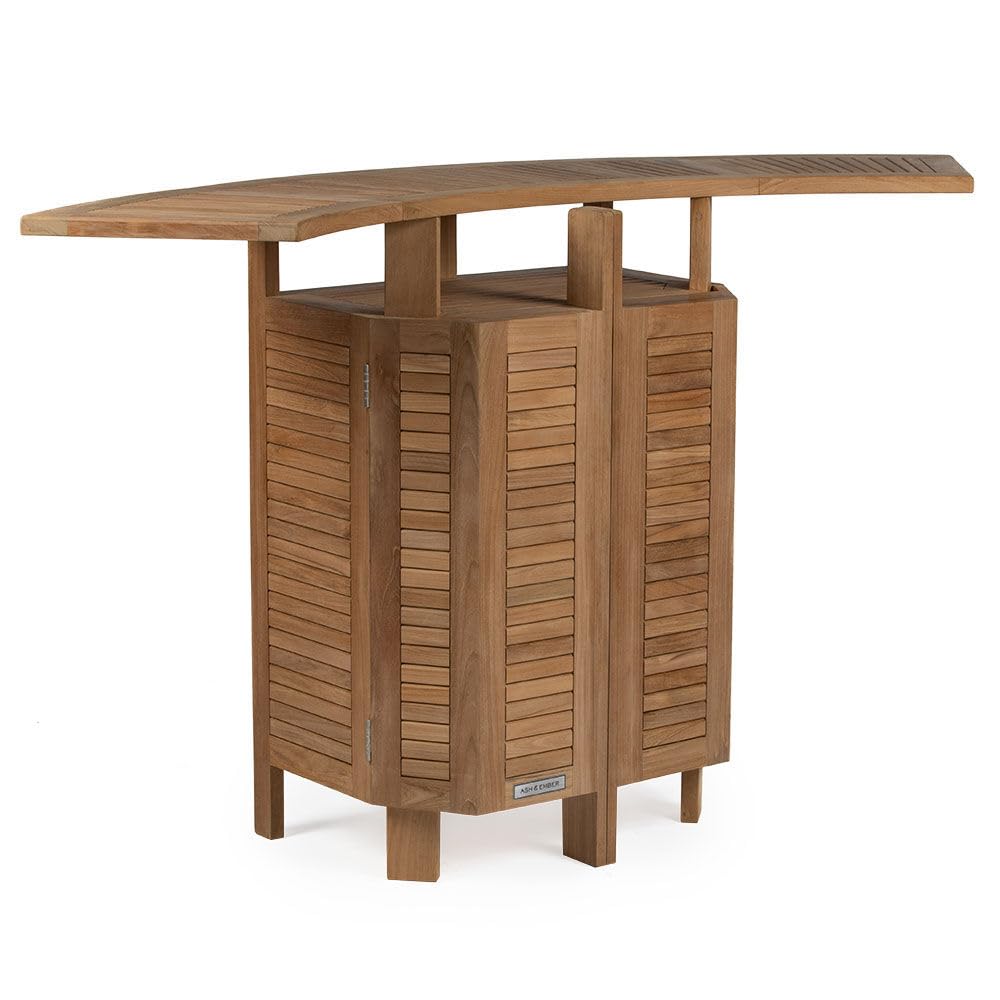 TITAN GREAT OUTDOORS Ash & Ember Grade A Teak Folding Bar Table, Two Tier Cabinet with Folding Panels, Indoor Outdoor Solid Wood Patio Furniture, Tightly Spaced Slats, Weather Resistant Bar Furniture TITAN GREAT OUTDOORS