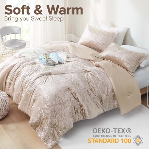 Comfort Spaces Luxe Queen Comforter Set Velvet Comforters for Queen Size Bed, Microfiber Reverse, Juliette, All Season Velvet Bedding Queen Size, Fluffy Bed Set, Sham, Full/Queen, Champagne 3 Piece Comfort Spaces
