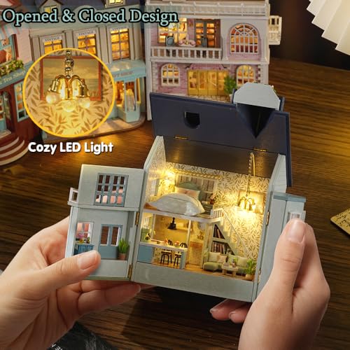 TuKIIE DIY Miniature Dollhouse Kit with Furniture, 1:32 Scale Creative Room Opened & Closed Mini Wooden Doll House for Kids Teens Adults(Warm House)