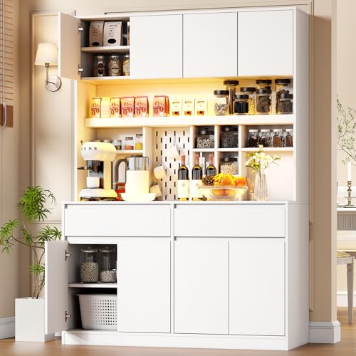 Gyfimoie 71" Kitchen Pantry Storage Cabinet with Charging Station, Kitchen Hutch with LED Light & Open Shelving, Buffet Cabinet with Drawers, Farmhouse Food Pantry for Living Room, White Gyfimoie