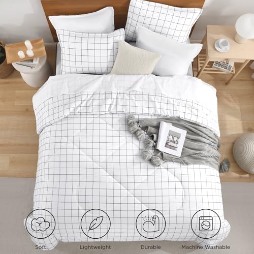 Andency Twin Comforter Set, White Gingham Plaid Grid Checkered Twin Bed Comforter Set for Dorm Boys Girls Teens Kids, 2 Pieces Lightweight Reversible Preppy Bedding Sets(66x90 Inch) Andency