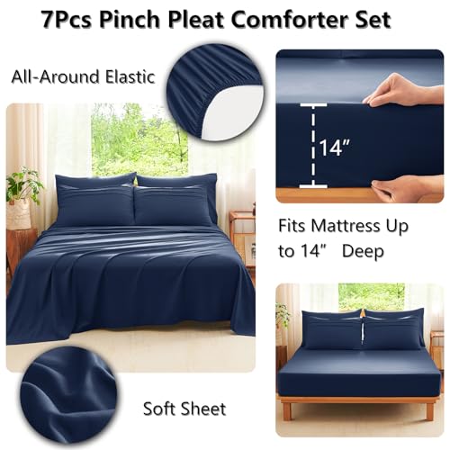 CozyLux Full Size Comforter Sets Navy Blue, 7 Pieces Soft Pinch Pleat Bed in a Bag Full Comforter Set with Sheets, Boho Bed Set with Down Alternative Comforter, Sheets, Pillowcases & Shams CozyLux