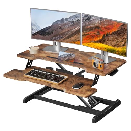 JYLH JOYSEEKER Standing Desk Converter 32 inch, Height Adjustable Sit Stand Desk Riser, Quick Sit to Stand Desktop Dual Monitor Riser Workstation for Home Office with Keyboard Tray, Rustic Brown JYLH JOYSEEKER