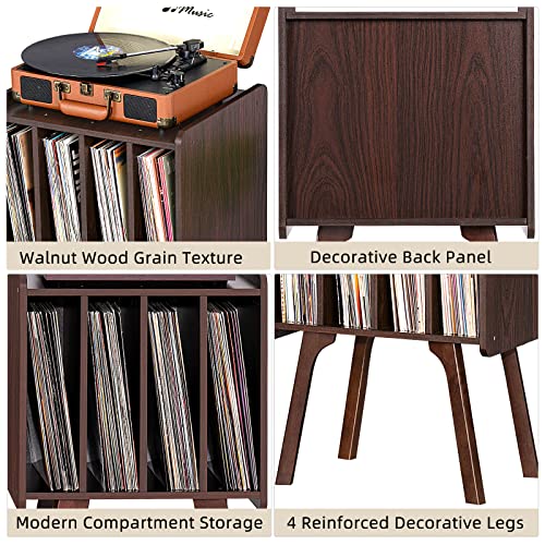 LELELINKY Record Player Stand, Walnut Vinyl Record Storage Table with 4 Cabinet Up to 100 Albums,Mid-Century Modern Turntable Stand with Wood Legs,Vinyl Holder Display Shelf for Bedroom Living Room LELELINKY