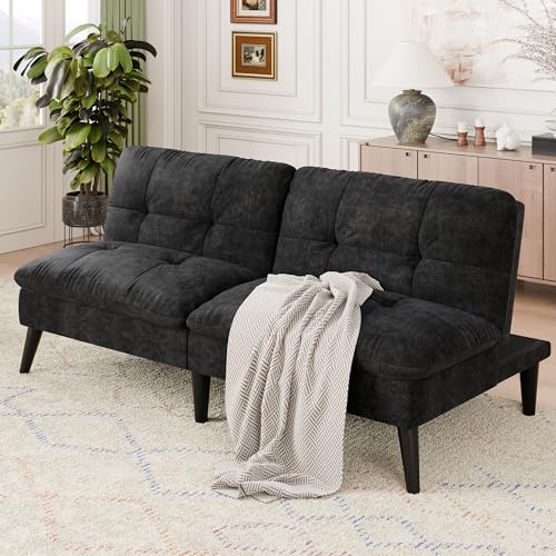 Vongrasig Futon Sofa Bed Velvet Futon Couch with Adjustable Backrest, Small Convertible Folding Sleeper Sofa Bed, Modern Loveseat for Living Room, Bedroom and Small Space, Black Vongrasig