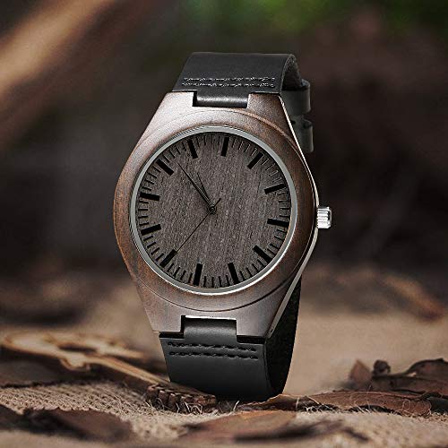 Engraved Custom Men Wood Watch,Analog Quartz Black Leather Handmade Sandalwood Natural Custom Wood Watch for Son Husband Anniversary Christmas Gifts (for Son from Dad) Kenon