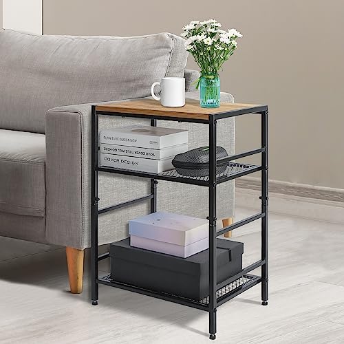 GIOTORENT 3-Tier Record Player Stand with Vinyl Storage, Tall Nightstand with Adjustable Shelf, Narrow Side Table/Bedside Table for Living Room, Bedroom, Office, Bathroom, Rustic Brown and Black GIOTORENT