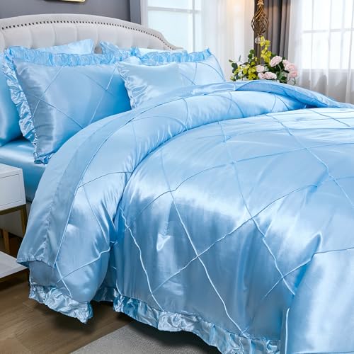 Silk Like Comforter Set Queen Satin Bedding Set Silky Bed in a Bag 8 Pcs with 1 Cushion Cover Pinch Pleat Bed Set Luxury Elegant Silky Ruffle Comforters Bedding_Dreamer
