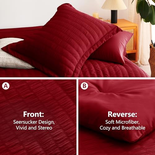 CozyLux Queen Comforter Set Dark Red Seersucker 7 Pieces Bed in a Bag Queen Comforter Set with Sheets, Luxury Soft Bedding Set with Down Alternative Comforter, Sheets, Pillowcases & Shams All Seasons CozyLux
