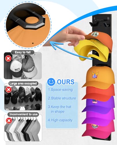 2 Pack Hat Organizer for Baseball Caps, Strong Adhesive Hat Rack for Wall, Multilayer Hat Storage Display Holder, Wall Mounted Hat Hooks Hold up to 18 Hats for Closet Door and Bedroom (Black) Eanyiikick