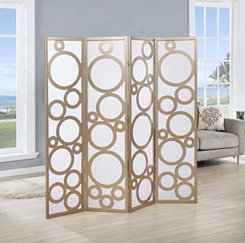 Roundhill Furniture Arvada 4-Panel Wood Room Divider with Circle Pattern, Gold Roundhill Furniture
