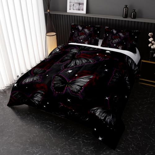 Black Butterfly Comforter Sets Twin Size, Black Butterfly Flowers 3D Animal Pattern Kids Bedding Sets for Girls Teens 3 Piece Bedroom Decor Comforter with 2 Pillowcases Nttopship