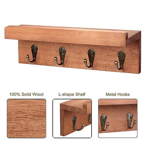 HRONRAD Rustic Key Holder for Wall, Farmhouse Wall Shelf with 4 Hooks, Wall Mounted Key Racks, Wooden Mail Organizer with Hooks for Entryway (Brown - Oak) HRONRAD