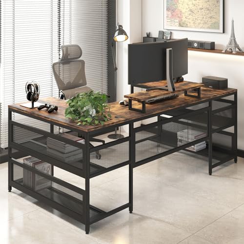 Saranya 18 Shop New Modern Brown U Shaped Gaming Desk Computer 3 Spacious Desktop 4 Storage Racks Shelf Cabinet Shelves LED Lights Reversible Home Office 81.9”L x 42.5”W x 30.5”H of Set, 366302510310 WoodArtSupply