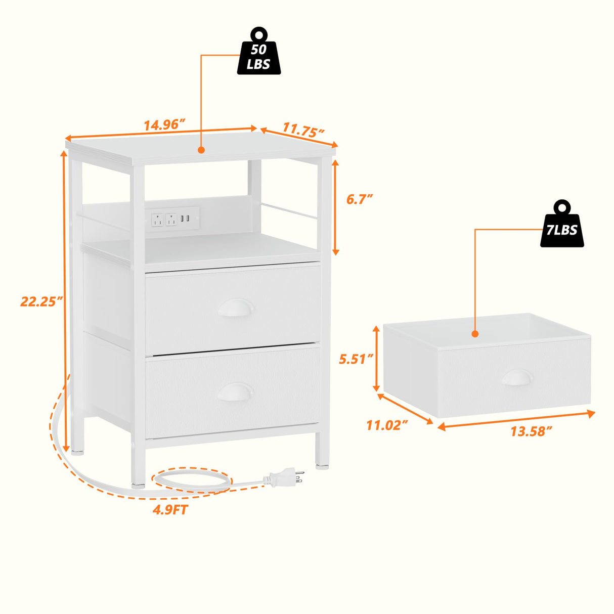 Furologee End Table with Charging Station, Nightstand with Fabric Drawers, Side Tables with USB Ports & Outlets, Night Stand with Storage Shelf & Hooks, for Living Room/Bedroom, White Furologee