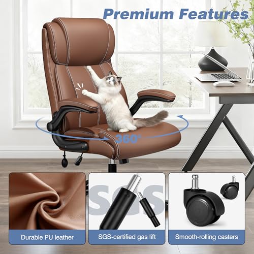 BESTFAIR Ergonomic Office Chair - Home Desk Computer Chair, Leather High Back Executive Chairs with Adjustable Lumbar Support & Flip-up Arms, Rocking Swivel Comfy, Brown BESTFAIR