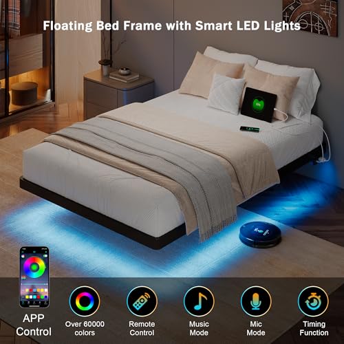 GalnFu Twin Size Floating Bed Frame with LED Lights and Charging Station, Metal Platform Bed with Power Outlet, Heavy Duty Steel Slats Support, Noise Free, No Box Spring Needed, Easy Assembly GalnFu