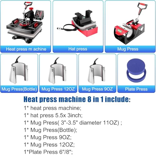Upgraded 8 in 1 Heat Press Machine 12x15 Inch Heat Transfer Machine w/Tumbler Press 360-Degree Swing Away Multifunction Digital Sublimation Heat Press for T Shirt Mug Hat Plate for Commercial Home AKEYDIY