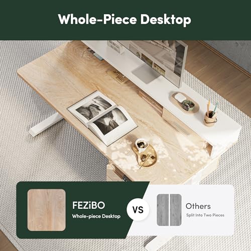 FEZIBO Electric Standing Desk 48 x 24 Inch with Monitor Shelf, 3 Drawers and Open Storage, Home Office Computer Workstation, Maple, 2 Packages FEZIBO